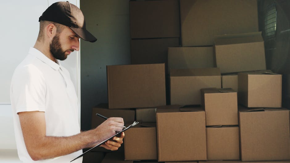 A person dressed in a blue jumpsuit with a headband standing inside a room, surrounded by several stacked cardboard boxes with labels and packaging tape, indicating an ongoing home or office relocatio